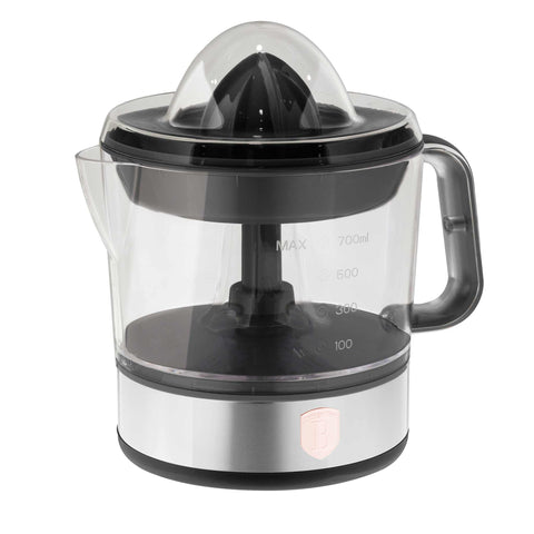 Product image of Electric citrus juicer. Part of the Black Rose Collection . Features: • Material: plastic, stainless steel • 220-240V/230VAC 50Hz 40W • Capacity: 0,7 L • Color: black- rose gold. (Studio view). Official Berlinger Haus product, boosted by Promintra sl.