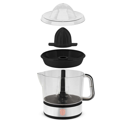 Product image of Electric citrus juicer. Part of the Black Rose Collection . Features: • Material: plastic, stainless steel • 220-240V/230VAC 50Hz 40W • Capacity: 0,7 L • Color: black- rose gold. (Studio view). Official Berlinger Haus product, boosted by Promintra sl.