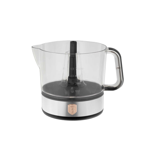Product image of Electric citrus juicer. Part of the Black Rose Collection . Features: • Material: plastic, stainless steel • 220-240V/230VAC 50Hz 40W • Capacity: 0,7 L • Color: black- rose gold. (Studio view). Official Berlinger Haus product, boosted by Promintra sl.