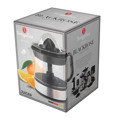 Product image of Electric citrus juicer. Part of the Black Rose Collection . Features: • Material: plastic, stainless steel • 220-240V/230VAC 50Hz 40W • Capacity: 0,7 L • Color: black- rose gold. (Studio view). Official Berlinger Haus product, boosted by Promintra sl.