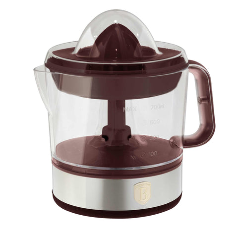 Product image of Electric citrus juicer. Part of the Leonardo Collection . Features: • Material: plastic, stainless steel • 220-240V/230VAC 50Hz 40W • Capacity: 0,7 L • Color: stainless steel- bordeaux. (Studio view). Official Berlinger Haus product, boosted by Promintra sl.