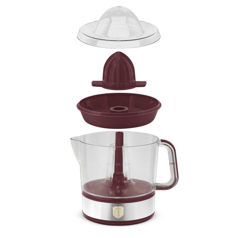 Product image of Electric citrus juicer. Part of the Leonardo Collection . Features: • Material: plastic, stainless steel • 220-240V/230VAC 50Hz 40W • Capacity: 0,7 L • Color: stainless steel- bordeaux. (Studio view). Official Berlinger Haus product, boosted by Promintra sl.