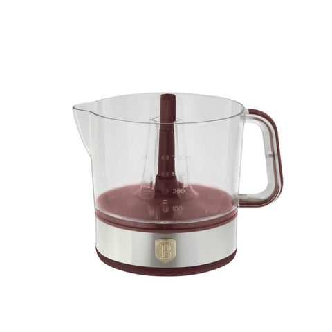 Product image of Electric citrus juicer. Part of the Leonardo Collection . Features: • Material: plastic, stainless steel • 220-240V/230VAC 50Hz 40W • Capacity: 0,7 L • Color: stainless steel- bordeaux. (Studio view). Official Berlinger Haus product, boosted by Promintra sl.