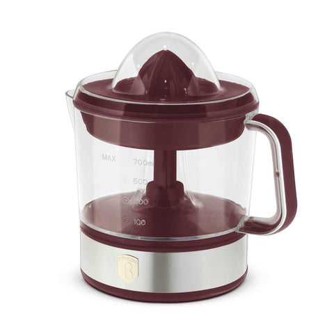Product image of Electric citrus juicer. Part of the Leonardo Collection . Features: • Material: plastic, stainless steel • 220-240V/230VAC 50Hz 40W • Capacity: 0,7 L • Color: stainless steel- bordeaux. (Studio view). Official Berlinger Haus product, boosted by Promintra sl.