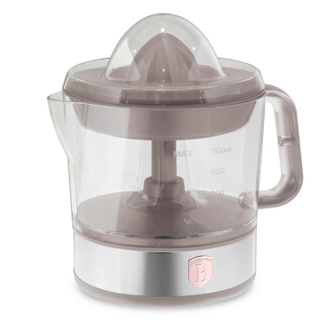 Product image of Electric citrus juicer. Part of the Taupe Collection . Features: • Material: plastic, stainless steel • 220-240V/230VAC 50Hz 40W • Capacity: 0,7 L • Color: stainless steel- taupe. (Studio view). Official Berlinger Haus product, boosted by Promintra sl.