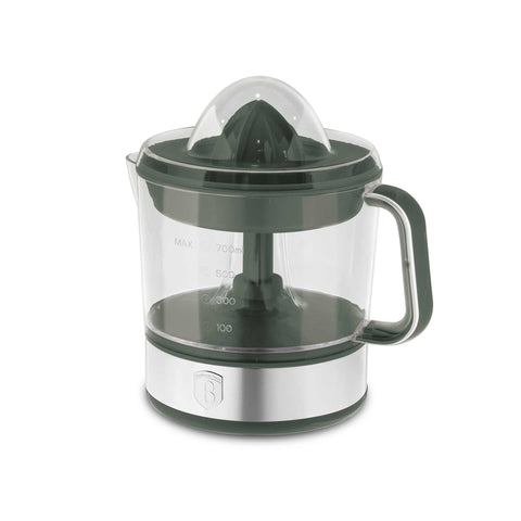 Product image of Electric citrus juicer. Part of the Matte Green Collection . Features: • Material: plastic, stainless steel • 220-240V/230VAC 50Hz 40W • Capacity: 0,7 L • Color: stainless steel- green. (Studio view). Official Berlinger Haus product, boosted by Promintra sl.
