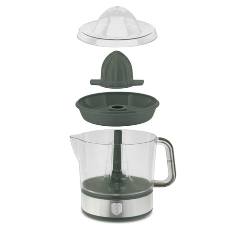 Product image of Electric citrus juicer. Part of the Matte Green Collection . Features: • Material: plastic, stainless steel • 220-240V/230VAC 50Hz 40W • Capacity: 0,7 L • Color: stainless steel- green. (Studio view). Official Berlinger Haus product, boosted by Promintra sl.
