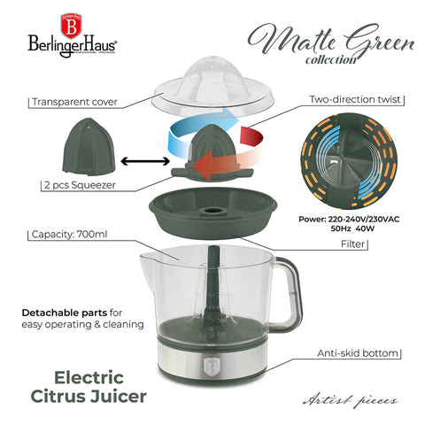 Product image of Electric citrus juicer. Part of the Matte Green Collection . Features: • Material: plastic, stainless steel • 220-240V/230VAC 50Hz 40W • Capacity: 0,7 L • Color: stainless steel- green. (Studio view). Official Berlinger Haus product, boosted by Promintra sl.