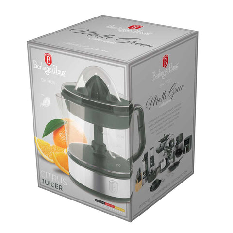 Product image of Electric citrus juicer. Part of the Matte Green Collection . Features: • Material: plastic, stainless steel • 220-240V/230VAC 50Hz 40W • Capacity: 0,7 L • Color: stainless steel- green. (Studio view). Official Berlinger Haus product, boosted by Promintra sl.