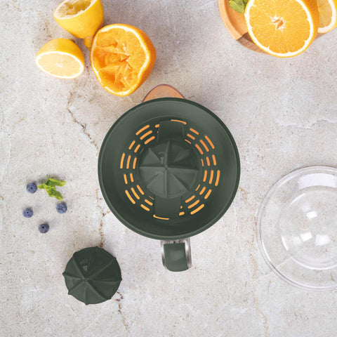 Product image of Electric citrus juicer. Part of the Matte Green Collection . Features: • Material: plastic, stainless steel • 220-240V/230VAC 50Hz 40W • Capacity: 0,7 L • Color: stainless steel- green. (Studio view). Official Berlinger Haus product, boosted by Promintra sl.