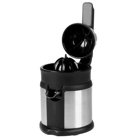 Product image of Electric citrus juicer. Part of the Black Vantage Collection/Matte Black Collection/Black Silver Collection/Eternal Collection . Features: • Material: plastic, stainless steel • 220-240V, 50/60Hz 120W • Accessories: • Protective lid • Plastic lever • Juicing cones in small/big size • P.... (Studio view). Official Berlinger Haus product, boosted by Promintra sl.
