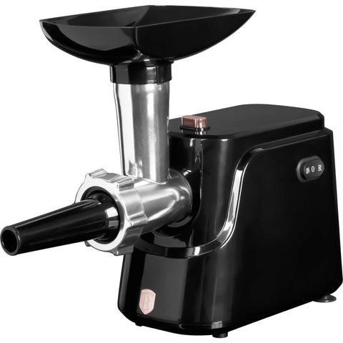 Product image of Electric meat grinder. Part of the Black Rose Collection . Features: • Material: aluminum • 220-240V, 50/60Hz, 400-1000 W • Accessories: • 2 sizes of round iron grinding plates and cross blade (5 and 7 mm) • Sausage .... (Studio view). Official Berlinger Haus product, boosted by Promintra sl.