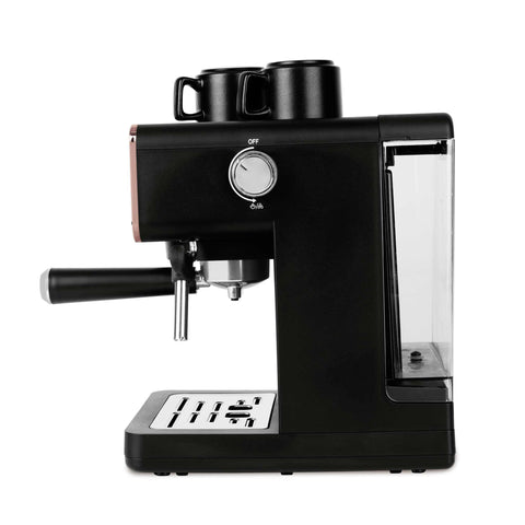 Product image of Digital espresso coffee maker 3in1. Part of the Black Rose Collection . Features: • Material: stainless steel, plastic • Power: 950 W • Voltage: 220-240V 50/60 Hz • 1L water tank • 1 and 2 cup filter • 2 in 1 plastic spoon with t.... (Studio view). Official Berlinger Haus product, boosted by Promintra sl.