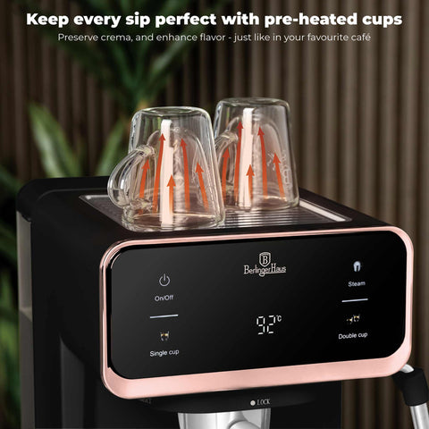 Product image of Digital espresso coffee maker 3in1. Part of the Black Rose Collection . Features: • Material: stainless steel, plastic • Power: 950 W • Voltage: 220-240V 50/60 Hz • 1L water tank • 1 and 2 cup filter • 2 in 1 plastic spoon with t.... (Studio view). Official Berlinger Haus product, boosted by Promintra sl.