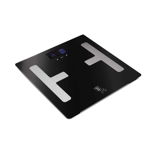 Product image of Digital bathroom BODYFAT glass scale capacity 180kg. Part of the Black Vantage Collection/Matte Black Collection/Black Silver Collection . Features: • Material: tempered glass and plastic • Capacity: 180 kg • Size: 30*30 cm • Weight unit: lb/st/kg • Auto zero and auto off • Power: 2 pcs AAA batt.... (Studio view). Official Berlinger Haus product, boosted by Promintra sl.