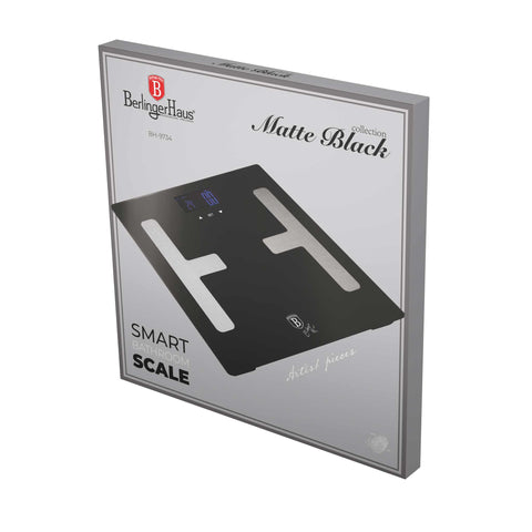 BH/9734, BH/9102, Báscula digital de baño BODYFAT de cristal, capacidad 180 kg, negra, báscula de baño de grasa corporal, eléctrica, batería, báscula de baño digital, báscula de grasa corporal, Berlinger Haus, Promintra, caja de regalo, conceptual, estilo de vida