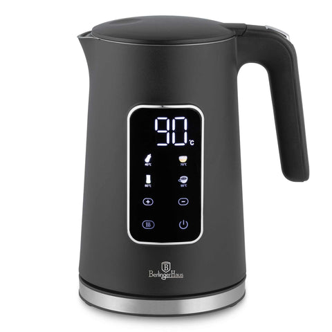 Product image of Digital electric kettle. Part of the Anthracite Collection . Features: • Material: 18/10 stainless steel inside, plastic • Capacity: 1,7L • Voltage: 220-240V,50/60Hz • Power: 2200W • Length of power cord: 70-75 cm • Co.... (Studio view). Official Berlinger Haus product, boosted by Promintra sl.