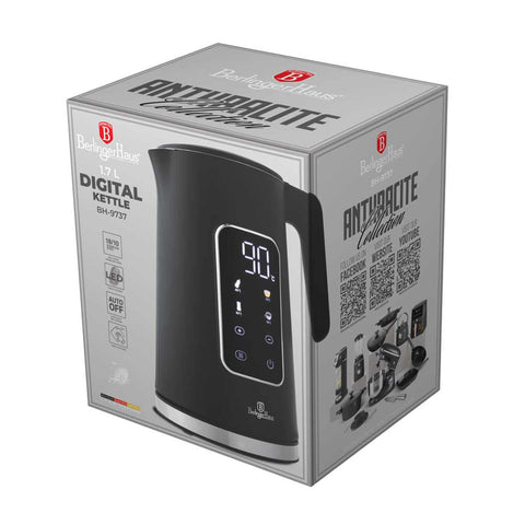 Product image of Digital electric kettle. Part of the Anthracite Collection . Features: • Material: 18/10 stainless steel inside, plastic • Capacity: 1,7L • Voltage: 220-240V,50/60Hz • Power: 2200W • Length of power cord: 70-75 cm • Co.... (Studio view). Official Berlinger Haus product, boosted by Promintra sl.