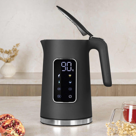 Product image of Digital electric kettle. Part of the Anthracite Collection . Features: • Material: 18/10 stainless steel inside, plastic • Capacity: 1,7L • Voltage: 220-240V,50/60Hz • Power: 2200W • Length of power cord: 70-75 cm • Co.... (Studio view). Official Berlinger Haus product, boosted by Promintra sl.