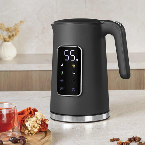 Product image of Digital electric kettle. Part of the Anthracite Collection . Features: • Material: 18/10 stainless steel inside, plastic • Capacity: 1,7L • Voltage: 220-240V,50/60Hz • Power: 2200W • Length of power cord: 70-75 cm • Co.... (Studio view). Official Berlinger Haus product, boosted by Promintra sl.