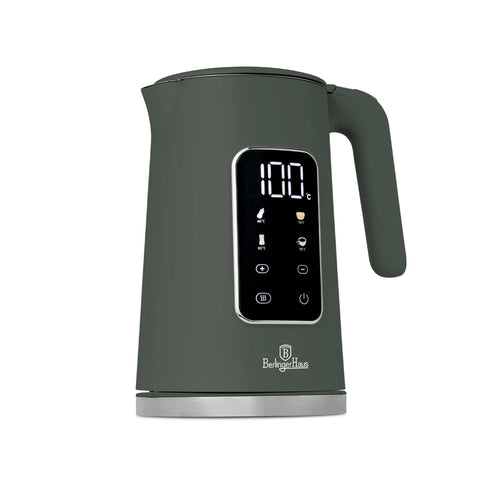 Product image of Digital electric kettle. Part of the Matte Green Collection . Features: • Material: 18/10 stainless steel inside, plastic • Capacity: 1,7L • Voltage: 220-240V,50/60Hz • Power: 2200W • Length of power cord: 70-75 cm • Co.... (Studio view). Official Berlinger Haus product, boosted by Promintra sl.