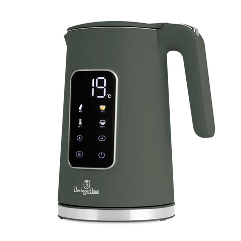 Product image of Digital electric kettle. Part of the Matte Green Collection . Features: • Material: 18/10 stainless steel inside, plastic • Capacity: 1,7L • Voltage: 220-240V,50/60Hz • Power: 2200W • Length of power cord: 70-75 cm • Co.... (Studio view). Official Berlinger Haus product, boosted by Promintra sl.