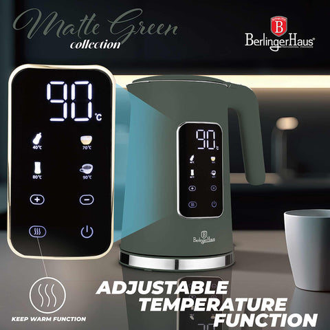 Product image of Digital electric kettle. Part of the Matte Green Collection . Features: • Material: 18/10 stainless steel inside, plastic • Capacity: 1,7L • Voltage: 220-240V,50/60Hz • Power: 2200W • Length of power cord: 70-75 cm • Co.... (Studio view). Official Berlinger Haus product, boosted by Promintra sl.