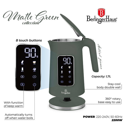 Product image of Digital electric kettle. Part of the Matte Green Collection . Features: • Material: 18/10 stainless steel inside, plastic • Capacity: 1,7L • Voltage: 220-240V,50/60Hz • Power: 2200W • Length of power cord: 70-75 cm • Co.... (Studio view). Official Berlinger Haus product, boosted by Promintra sl.