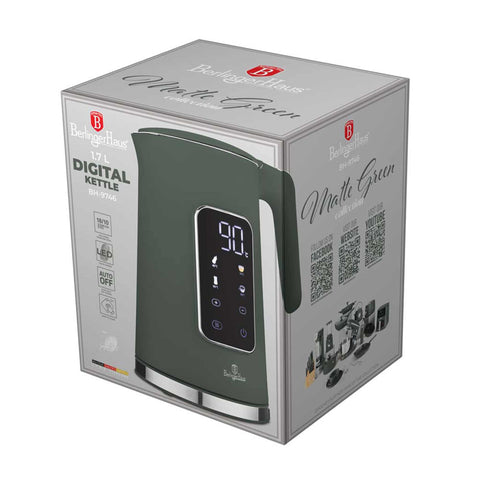 Product image of Digital electric kettle. Part of the Matte Green Collection . Features: • Material: 18/10 stainless steel inside, plastic • Capacity: 1,7L • Voltage: 220-240V,50/60Hz • Power: 2200W • Length of power cord: 70-75 cm • Co.... (Studio view). Official Berlinger Haus product, boosted by Promintra sl.