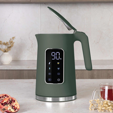 Product image of Digital electric kettle. Part of the Matte Green Collection . Features: • Material: 18/10 stainless steel inside, plastic • Capacity: 1,7L • Voltage: 220-240V,50/60Hz • Power: 2200W • Length of power cord: 70-75 cm • Co.... (Studio view). Official Berlinger Haus product, boosted by Promintra sl.