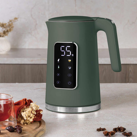 Product image of Digital electric kettle. Part of the Matte Green Collection . Features: • Material: 18/10 stainless steel inside, plastic • Capacity: 1,7L • Voltage: 220-240V,50/60Hz • Power: 2200W • Length of power cord: 70-75 cm • Co.... (Studio view). Official Berlinger Haus product, boosted by Promintra sl.