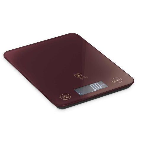 Product image of Digital glass kitchen scale capacity 5kg. Part of the Leonardo Collection . Features: • Material: tempered glass and plastic • Capacity: 5 kg • Size: 19,5*14,5 cm • Weight unit: g/oz/ml/lb/fl • 2 pcs AAA battery included • Color: bor.... (Studio view). Official Berlinger Haus product, boosted by Promintra sl.
