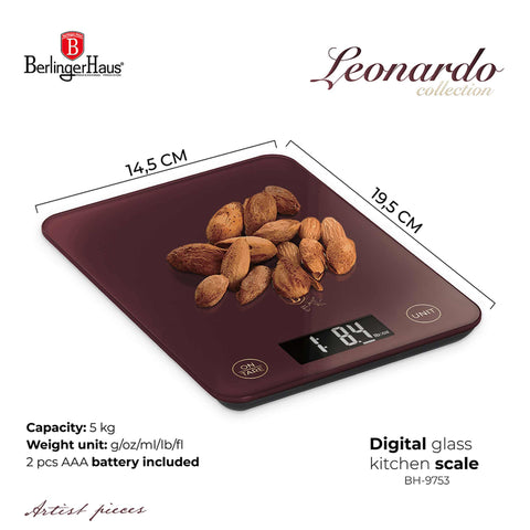 Product image of Digital glass kitchen scale capacity 5kg. Part of the Leonardo Collection . Features: • Material: tempered glass and plastic • Capacity: 5 kg • Size: 19,5*14,5 cm • Weight unit: g/oz/ml/lb/fl • 2 pcs AAA battery included • Color: bor.... (Studio view). Official Berlinger Haus product, boosted by Promintra sl.