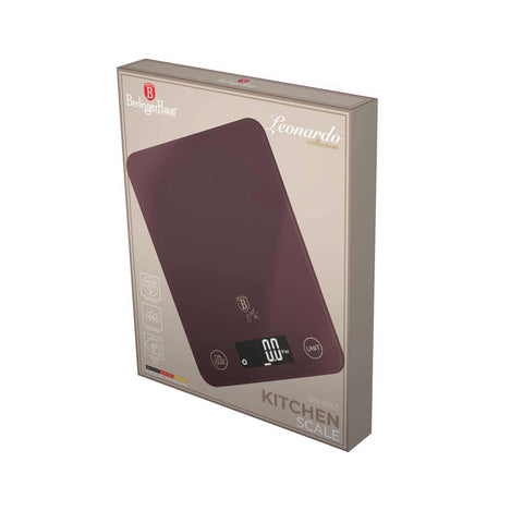 Product image of Digital glass kitchen scale capacity 5kg. Part of the Leonardo Collection . Features: • Material: tempered glass and plastic • Capacity: 5 kg • Size: 19,5*14,5 cm • Weight unit: g/oz/ml/lb/fl • 2 pcs AAA battery included • Color: bor.... (Studio view). Official Berlinger Haus product, boosted by Promintra sl.