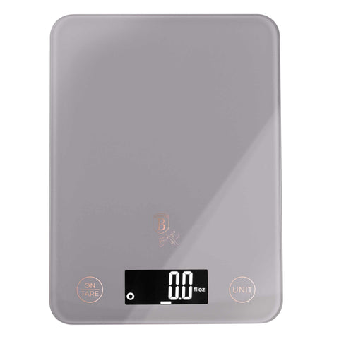 Product image of Digital glass kitchen scale capacity 5kg. Part of the Taupe Collection . Features: • Material: tempered glass and plastic • Capacity: 5 kg • Size: 19,5*14,5 cm • Weight unit: g/oz/ml/lb/fl • 2 pcs AAA battery included • Color: taupe. (Studio view). Official Berlinger Haus product, boosted by Promintra sl.