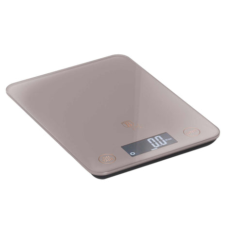 Product image of Digital glass kitchen scale capacity 5kg. Part of the Taupe Collection . Features: • Material: tempered glass and plastic • Capacity: 5 kg • Size: 19,5*14,5 cm • Weight unit: g/oz/ml/lb/fl • 2 pcs AAA battery included • Color: taupe. (Studio view). Official Berlinger Haus product, boosted by Promintra sl.