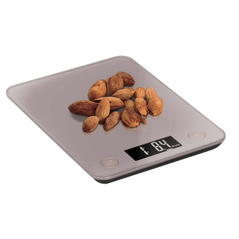 Product image of Digital glass kitchen scale capacity 5kg. Part of the Taupe Collection . Features: • Material: tempered glass and plastic • Capacity: 5 kg • Size: 19,5*14,5 cm • Weight unit: g/oz/ml/lb/fl • 2 pcs AAA battery included • Color: taupe. (Studio view). Official Berlinger Haus product, boosted by Promintra sl.