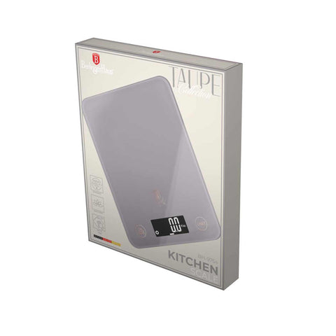 Product image of Digital glass kitchen scale capacity 5kg. Part of the Taupe Collection . Features: • Material: tempered glass and plastic • Capacity: 5 kg • Size: 19,5*14,5 cm • Weight unit: g/oz/ml/lb/fl • 2 pcs AAA battery included • Color: taupe. (Studio view). Official Berlinger Haus product, boosted by Promintra sl.