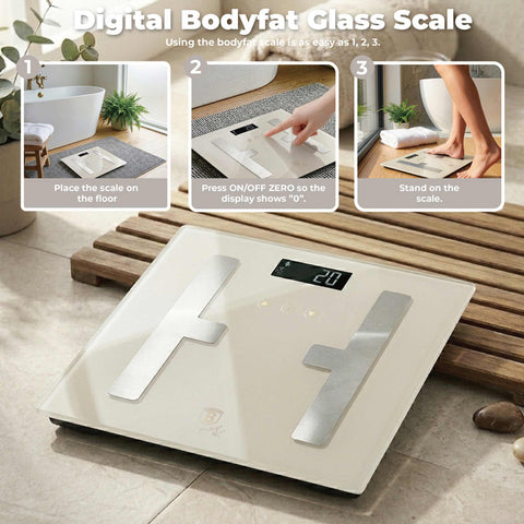 Product image of Digital bathroom BODYFAT glass scale capacity 180kg. Part of the Sahara Collection . Features: • Material: tempered glass and plastic • Capacity: 180 kg • Size: 30*30 cm • Weight unit: lb/st/kg • Auto zero and auto off • Power: 2 pcs AAA batt.... (Studio view). Official Berlinger Haus product, boosted by Promintra sl.