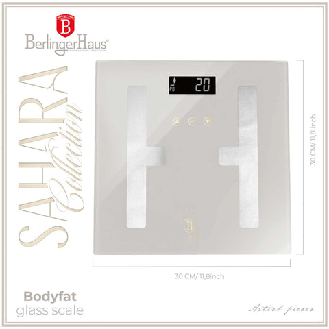 Product image of Digital bathroom BODYFAT glass scale capacity 180kg. Part of the Sahara Collection . Features: • Material: tempered glass and plastic • Capacity: 180 kg • Size: 30*30 cm • Weight unit: lb/st/kg • Auto zero and auto off • Power: 2 pcs AAA batt.... (Studio view). Official Berlinger Haus product, boosted by Promintra sl.