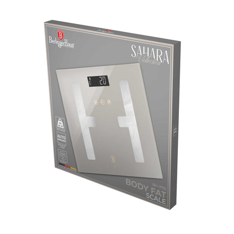 Product image of Digital bathroom BODYFAT glass scale capacity 180kg. Part of the Sahara Collection . Features: • Material: tempered glass and plastic • Capacity: 180 kg • Size: 30*30 cm • Weight unit: lb/st/kg • Auto zero and auto off • Power: 2 pcs AAA batt.... (Studio view). Official Berlinger Haus product, boosted by Promintra sl.