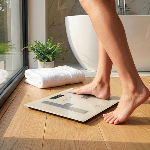 Product image of Digital bathroom BODYFAT glass scale capacity 180kg. Part of the Sahara Collection . Features: • Material: tempered glass and plastic • Capacity: 180 kg • Size: 30*30 cm • Weight unit: lb/st/kg • Auto zero and auto off • Power: 2 pcs AAA batt.... (Studio view). Official Berlinger Haus product, boosted by Promintra sl.