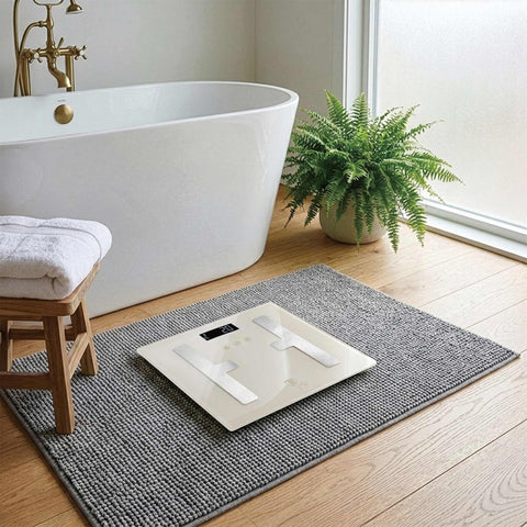 Product image of Digital bathroom BODYFAT glass scale capacity 180kg. Part of the Sahara Collection . Features: • Material: tempered glass and plastic • Capacity: 180 kg • Size: 30*30 cm • Weight unit: lb/st/kg • Auto zero and auto off • Power: 2 pcs AAA batt.... (Studio view). Official Berlinger Haus product, boosted by Promintra sl.