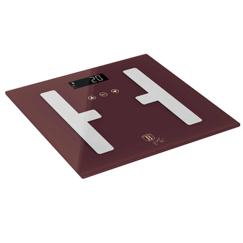 BH/9756, Báscula digital de baño BODYFAT de cristal, capacidad 180 kg, color burdeos mate, báscula de baño de grasa corporal, eléctrica, batería, báscula de baño digital, báscula de grasa corporal