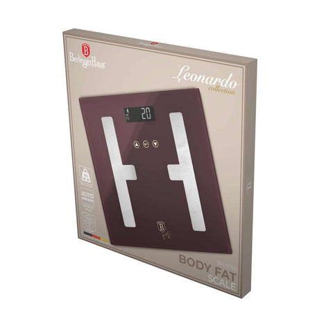 Product image of Digital bathroom BODYFAT glass scale capacity 180kg. Part of the Leonardo Collection . Features: • Material: tempered glass and plastic • Capacity: 180 kg • Size: 30*30 cm • Weight unit: lb/st/kg • Auto zero and auto off • Power: 2 pcs AAA batt.... (Studio view). Official Berlinger Haus product, boosted by Promintra sl.