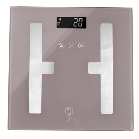 Product image of Digital bathroom BODYFAT glass scale capacity 180kg. Part of the Taupe Collection . Features: • Material: tempered glass and plastic • Capacity: 180 kg • Size: 30*30 cm • Weight unit: lb/st/kg • Auto zero and auto off • Power: 2 pcs AAA batt.... (Studio view). Official Berlinger Haus product, boosted by Promintra sl.