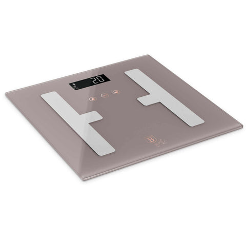 Product image of Digital bathroom BODYFAT glass scale capacity 180kg. Part of the Taupe Collection . Features: • Material: tempered glass and plastic • Capacity: 180 kg • Size: 30*30 cm • Weight unit: lb/st/kg • Auto zero and auto off • Power: 2 pcs AAA batt.... (Studio view). Official Berlinger Haus product, boosted by Promintra sl.