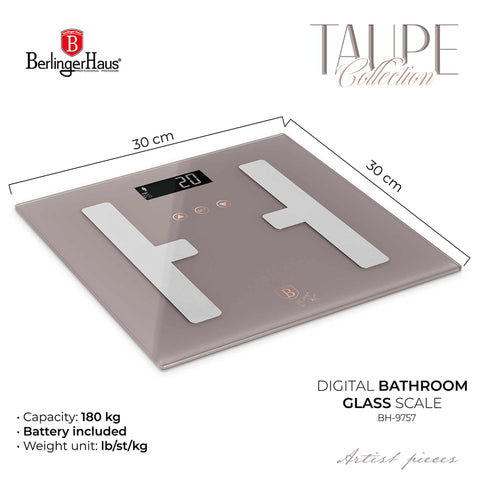 Product image of Digital bathroom BODYFAT glass scale capacity 180kg. Part of the Taupe Collection . Features: • Material: tempered glass and plastic • Capacity: 180 kg • Size: 30*30 cm • Weight unit: lb/st/kg • Auto zero and auto off • Power: 2 pcs AAA batt.... (Studio view). Official Berlinger Haus product, boosted by Promintra sl.