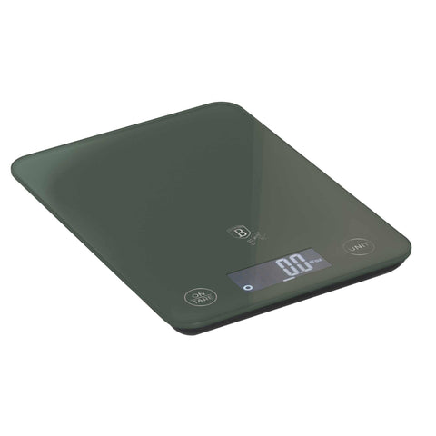 Product image of Digital glass kitchen scale capacity 5kg. Part of the Matte Green Collection . Features: • Material: tempered glass and plastic • Capacity: 5 kg • Size: 19,5*14,5 cm • Weight unit: g/oz/ml/lb/fl • 2 pcs AAA battery included • Color: green. (Studio view). Official Berlinger Haus product, boosted by Promintra sl.