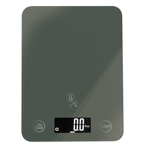 Product image of Digital glass kitchen scale capacity 5kg. Part of the Matte Green Collection . Features: • Material: tempered glass and plastic • Capacity: 5 kg • Size: 19,5*14,5 cm • Weight unit: g/oz/ml/lb/fl • 2 pcs AAA battery included • Color: green. (Studio view). Official Berlinger Haus product, boosted by Promintra sl.